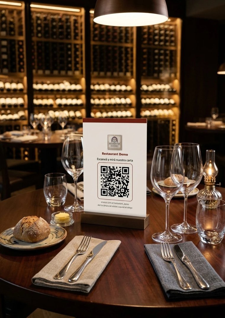 Cartelito con QR en la mesa de un restaurant con cava