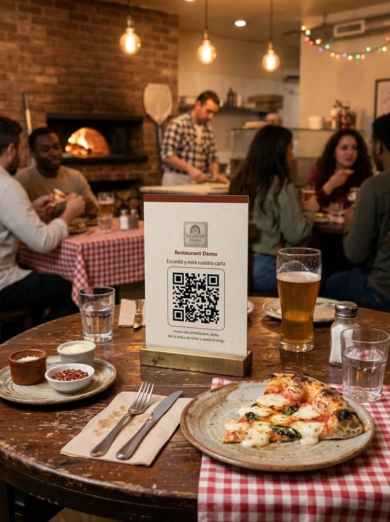 Cartelito con QR en la mesa de una pizzería