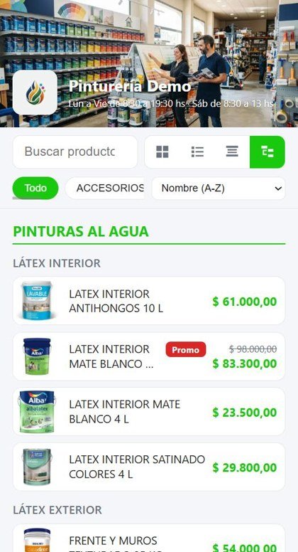 Catálogo de la pinturería visto desde el celular